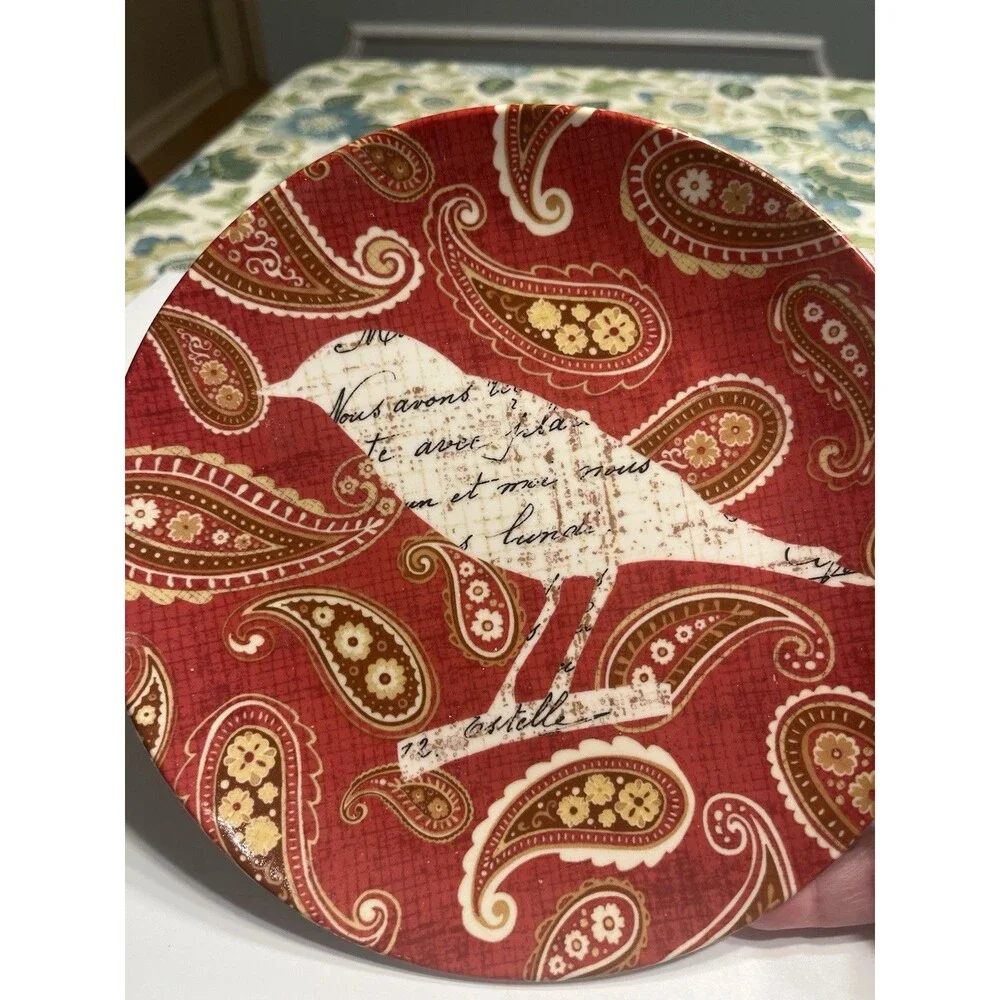 Pier 1 Imports Bird Red Paisley 7.75” Luncheon Dessert Plates 4pc